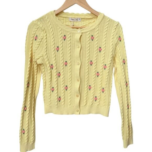 Mango Yellow Floral Embroidery Long Sleeve Knit Cardigan Sweater. Medium. NEW. - Picture 2 of 11